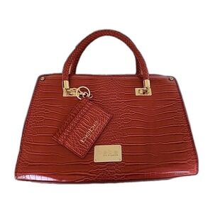 Vintage Bebe Bella Crocodile Satchel Handbag Candy Apple Red +Card Case Y2K EUC